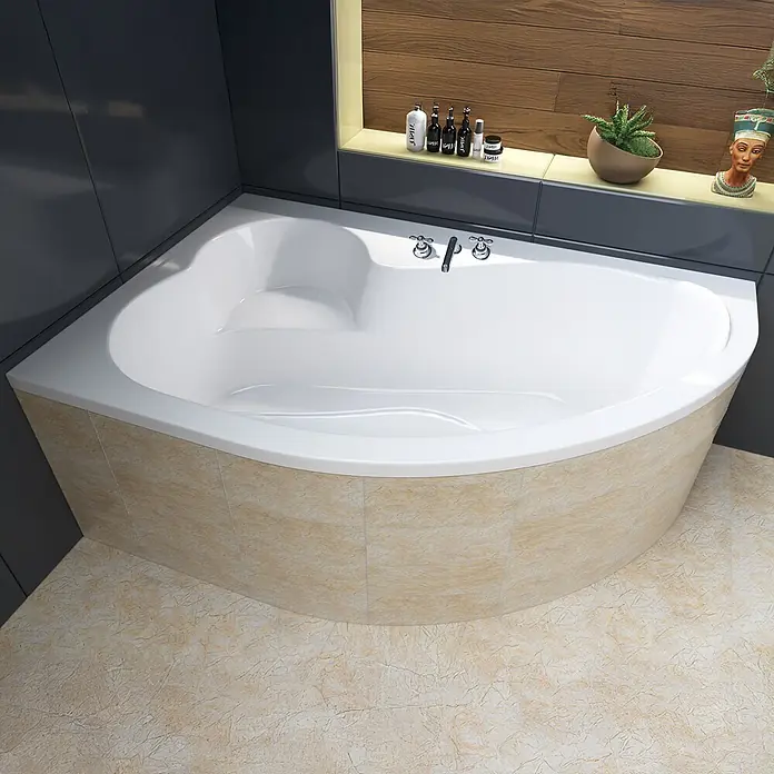 Bad Land Eckbadewanne MEGA Acryl-Eckwanne 160 x 105 cm links Weiß, inkl. Styroporverkleidung - Sanitäracryl, Weiß - Weiße Eckbadewanne mit Chromarmaturen, in ein gefliestes Badezimmer integriert.