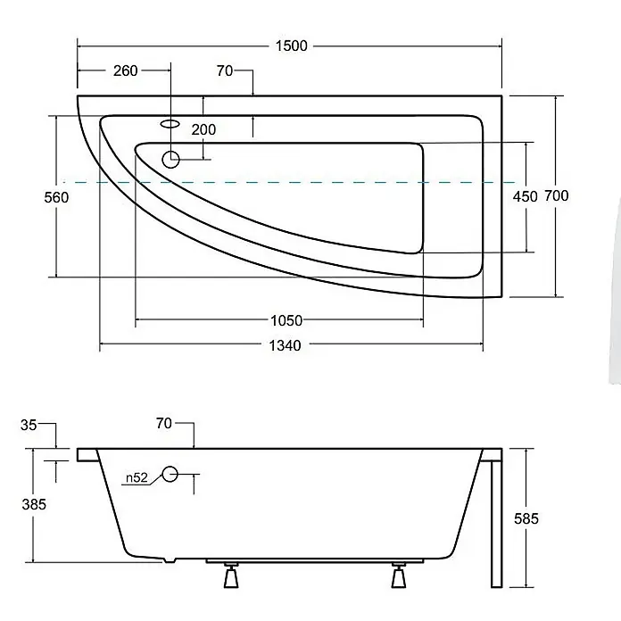 Bad Land Eckbadewanne PRAKTIKA Acryl-Eckwanne 150 x 70 cm rechts Weiß - Sanitäracryl, Weiß - Technische Zeichnung einer asymmetrischen Badewanne, mit Draufsicht und Seitenansicht samt detaillierten Maßen.