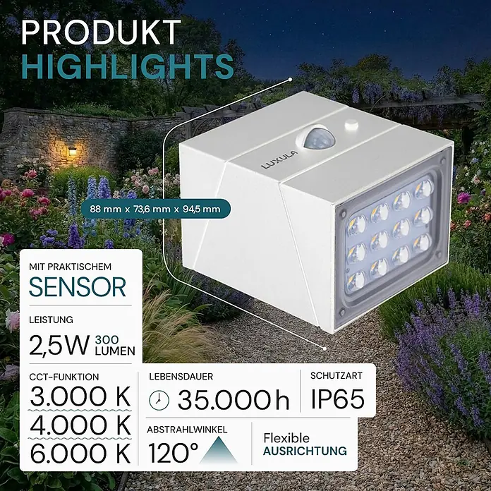 Luxula Solar-Außenwandleuchte - L x B x H: 9,5 x 8,8 x 7,3 cm, Weiß, IP65, 300 lm - Kompakte weiße LED-Außenleuchte mit integriertem Bewegungssensor.