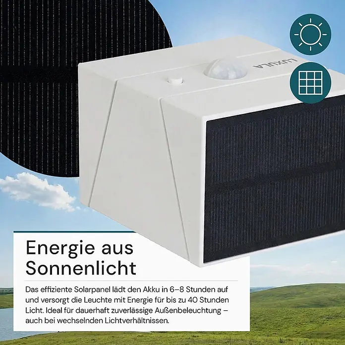 Luxula Solar-Außenwandleuchte - L x B x H: 9,5 x 8,8 x 7,3 cm, Weiß, IP65, 300 lm - Weiße Solarlampe mit Solarpanel und Bewegungssensor für den Außenbereich.