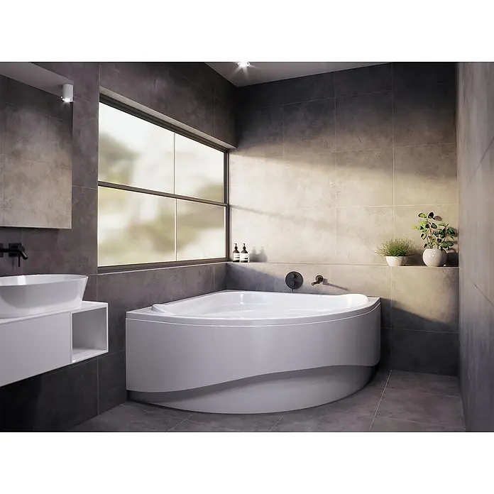 Bad Land Eckbadewanne STANDARD Acryl-Eckwanne 140 x 140 cm Weiß, inkl. Acrylschürze - Sanitäracryl, Weiß - Weiße Eckbadewanne in einem modernen grau gefliesten Badezimmer mit großem Fenster und Waschtisch.