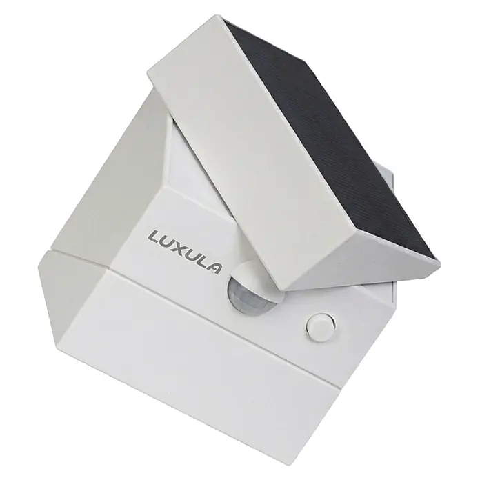 Luxula Solar-Außenwandleuchte - L x B x H: 9,5 x 8,8 x 7,3 cm, Weiß, IP65, 300 lm - Weißes LUXULA Solar-Bewegungsmelder-Licht mit integriertem Solarpanel und Steuerknopf.