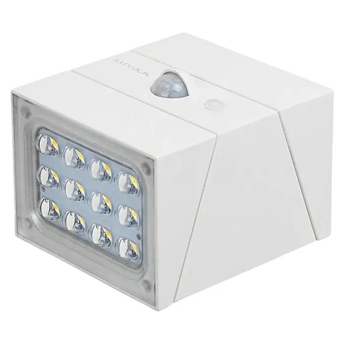 Luxula Solar-Außenwandleuchte - L x B x H: 9,5 x 8,8 x 7,3 cm, Weiß, IP65, 300 lm - Weißes würfelförmiges LED-Wandlicht mit 12 LEDs, integriertem Bewegungssensor und kleinem Knopf.