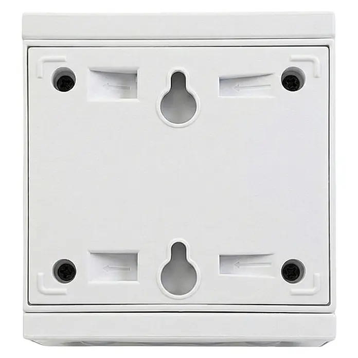 Luxula Solar-Außenwandleuchte - L x B x H: 9,5 x 8,8 x 7,3 cm, Weiß, IP65, 300 lm - Rückseite eines weißen Kunststoffgehäuses mit zwei Schlüssellochschlitzen, vier Schrauben und Einschubführungen zur Wandmontage.