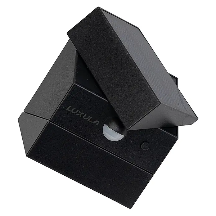 Luxula Solar-Außenwandleuchte - Schwarz, IP65, 300 lm - Schwarze solarbetriebene Außenleuchte mit geometrischem Design, integriertem Solarpanel und Bewegungssensor.