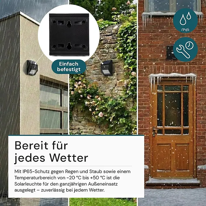Luxula Solar-Außenwandleuchte - Schwarz, IP65, 300 lm - Kompakte schwarze Solarleuchte an verschiedenen Außenwänden bei Regen und Schnee montiert. Mit IP65 Wetterschutz und einfacher Befestigung.