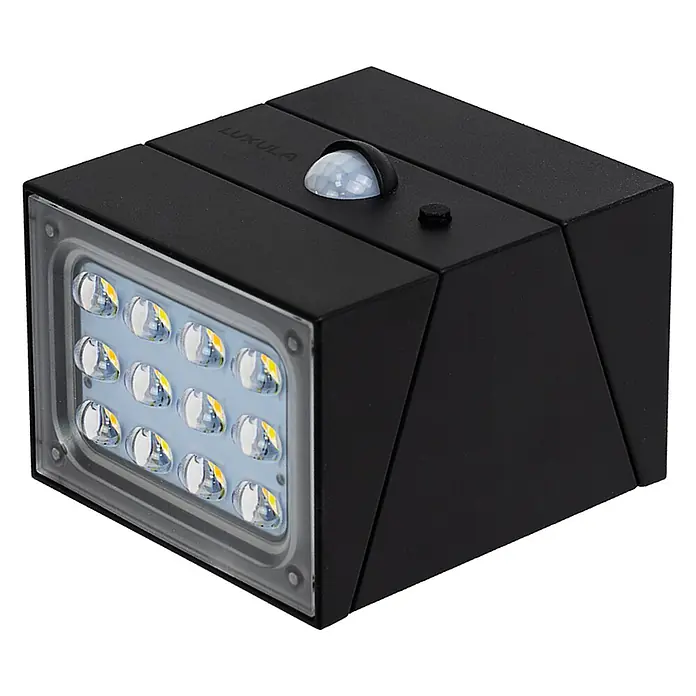 Luxula Solar-Außenwandleuchte - Schwarz, IP65, 300 lm - Schwarze LUXULA LED-Außenwandleuchte mit 12 LEDs und integriertem Bewegungssensor.