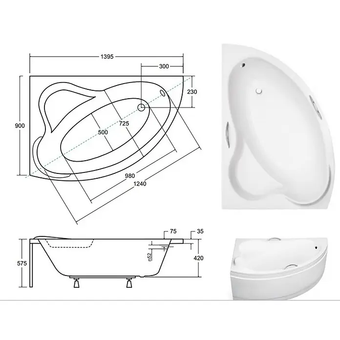 Bad Land Eckbadewanne ADA Acryl-Eckwanne 140 x 90 cm links Weiß, inkl. Griffe - Sanitäracryl, Weiß - Weiße Eckbadewanne mit integriertem Sitz, dargestellt mit technischen Zeichnungen und Produktfotos.