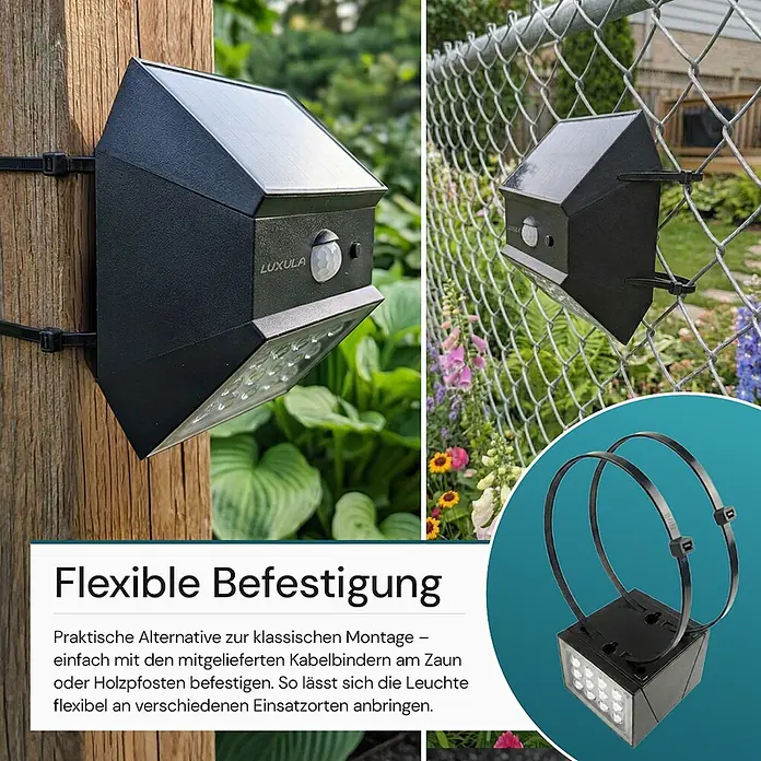 Luxula Solar-Außenwandleuchte - Schwarz, IP65, 300 lm - Schwarze Solar-LED-Leuchte mit Bewegungssensor, flexibel mit Kabelbindern an Pfosten und Zaun montiert.
