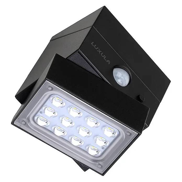 Luxula Solar-Außenwandleuchte - Schwarz, IP65, 300 lm - Schwarze LED-Solar-Wandleuchte mit Bewegungssensor und hellen LEDs.