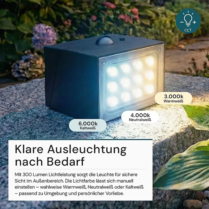 Luxula Solar-Außenwandleuchte - Schwarz, IP65, 300 lm - Dunkelgrauer LED-Außenstrahler auf Steinboden, der warmes, neutrales und kaltes weißes Licht demonstriert.
