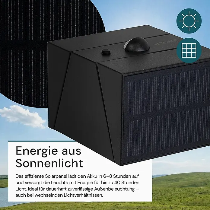 Luxula Solar-Außenwandleuchte - Schwarz, IP65, 300 lm - Schwarze Solar-Außenleuchte mit integrierten Solarmodulen für effizientes Laden.
