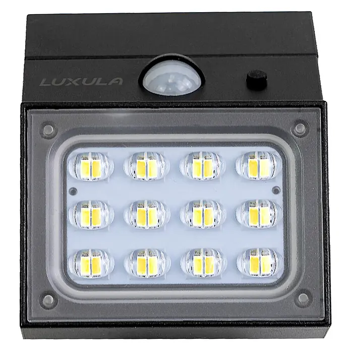 Luxula Solar-Außenwandleuchte - Schwarz, IP65, 300 lm - Schwarze Solar-LED-Außenleuchte mit 12 hellen LEDs, integriertem Bewegungssensor und kleinem Bedienknopf.