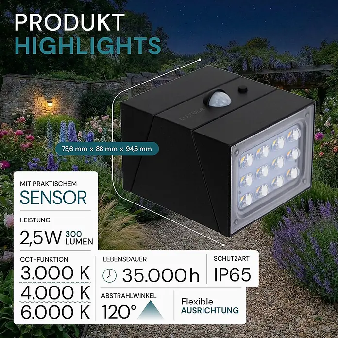 Luxula Solar-Außenwandleuchte - Schwarz, IP65, 300 lm - Schwarze rechteckige LED-Außenwandleuchte mit Bewegungssensor und einstellbarer Farbtemperatur, zeigt technische Daten.