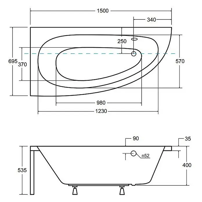 Bad Land Eckbadewanne MILENA Acryl-Eckwanne 150 x 70 cm links Weiß - L x B: 150 x 70 cm, Sanitäracryl, Weiß - Technische Zeichnung einer asymmetrischen Eckbadewanne mit Maßen.