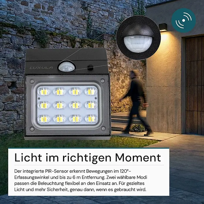 Luxula Solar-Außenwandleuchte - Schwarz, IP65, 300 lm - Dunkelgraue Solar-Außenleuchte mit 12 LEDs und Bewegungssensor, beleuchtet einen Außenweg, auf dem eine Person geht.