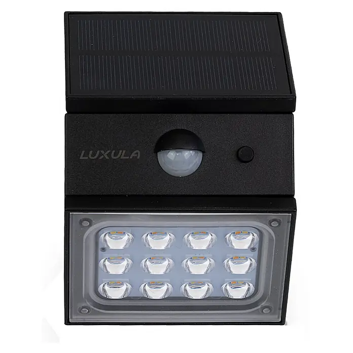 Luxula Solar-Außenwandleuchte - Schwarz, IP65, 300 lm - Schwarze solarbetriebene LED-Leuchte mit Bewegungssensor und 12 LEDs.