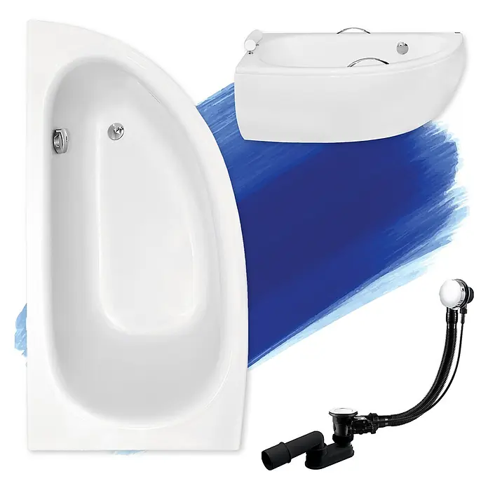 Bad Land Eckbadewanne - L x B: 150 x 70 cm, Sanitäracryl, Weiß - Weiße Eckbadewanne mit Chromarmaturen, ein kleineres passendes Eckwaschbecken und ein schwarzes Ab- und Überlaufset mit flexiblem Schlauch.