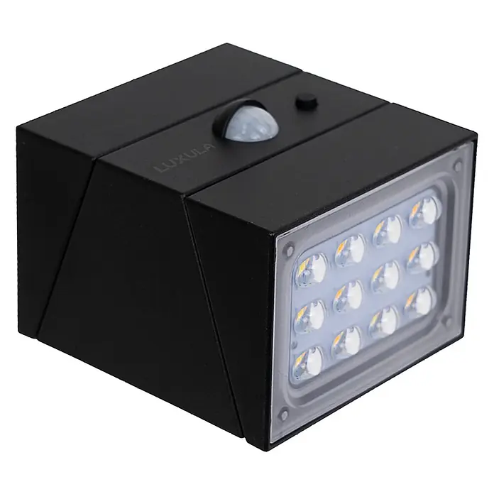 Luxula Solar-Außenwandleuchte - Schwarz, IP65, 300 lm - Schwarze Outdoor-LED-Wandleuchte mit Bewegungssensor und 12 LEDs.