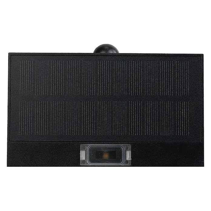 Luxula Solar-Außenwandleuchte - L x B x H: 13,7 x 3,5 x 9 cm, Schwarz, IP65, 350 lm - Schwarzes Solarmodulgerät mit texturierter Oberfläche, kleiner Kuppelsensor und rechteckigem Lichtgehäuse.