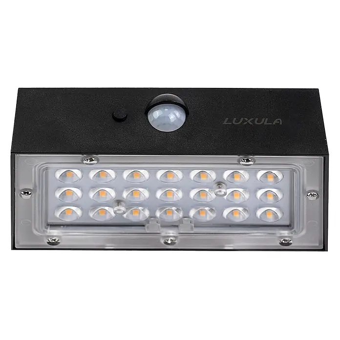 Luxula Solar-Außenwandleuchte - L x B x H: 13,7 x 3,5 x 9 cm, Schwarz, IP65, 350 lm - Schwarze, rechteckige LED-Solarleuchte mit klarer Abdeckung, mehreren LEDs, Bewegungssensor und „LUXULA“-Branding.