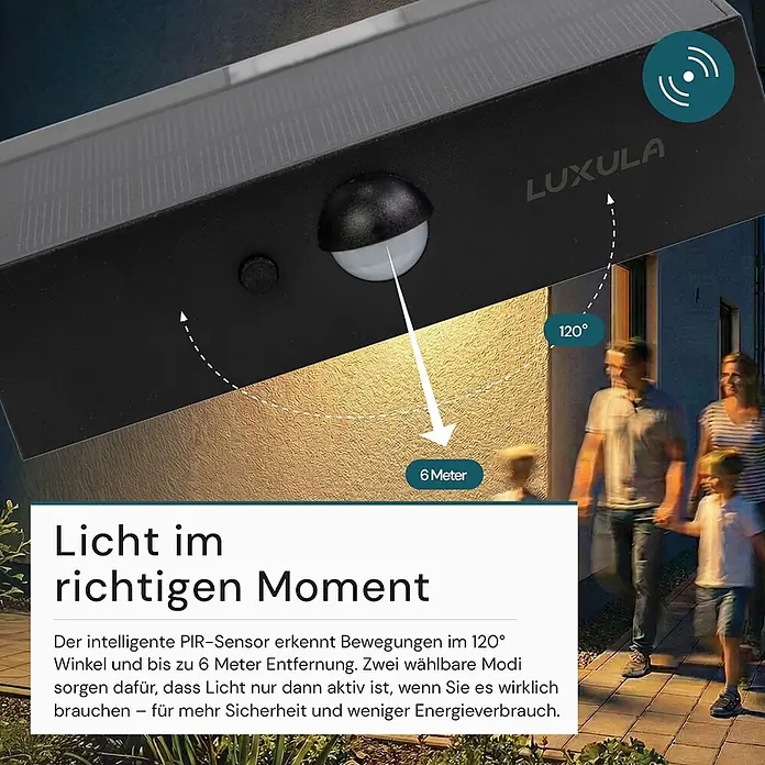 Luxula Solar-Außenwandleuchte - L x B x H: 13,7 x 3,5 x 9 cm, Schwarz, IP65, 350 lm - Schwarze Solar-Wandleuchte mit PIR-Sensor beleuchtet Außenbereich, zeigt 120° Erkennung und 6 Meter Reichweite.