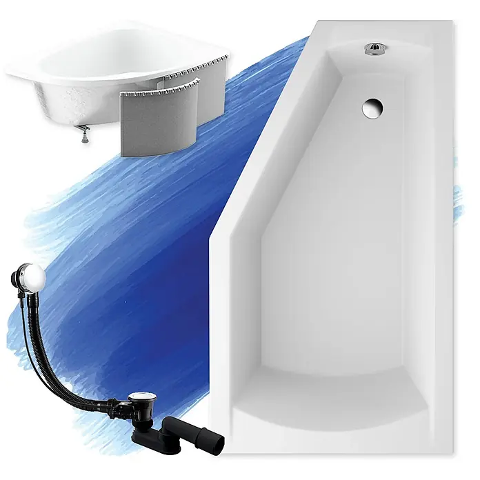 Bad Land Eckbadewanne - L x B: 160 x 90 cm, Sanitäracryl, Weiß - Zwei weiße Badewannen, ein Eckmodell und eine rechteckige mit Schräge, zusammen mit einem schwarzen und verchromten Ab- und Überlaufset.