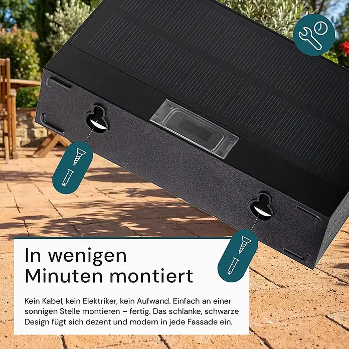 Luxula Solar-Außenwandleuchte - L x B x H: 13,7 x 3,5 x 9 cm, Schwarz, IP65, 350 lm - Schwarzes, rechteckiges Solargerät mit Solarpanel und Schlüsselloch-Montageschlitzen zur einfachen Schraubmontage.