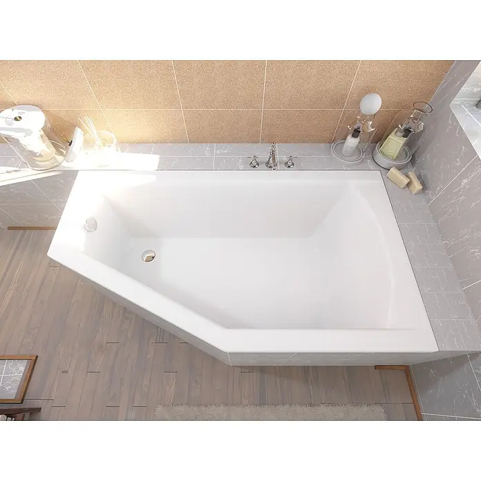 Bad Land Eckbadewanne - L x B: 160 x 90 cm, Sanitäracryl, Weiß - Weiße Eckbadewanne in einem Badezimmer, ausgestattet mit Chromarmaturen und geräumigem Innenbereich.