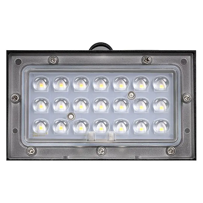 Luxula Solar-Außenwandleuchte - L x B x H: 13,7 x 3,5 x 9 cm, Schwarz, IP65, 350 lm - Rechteckiger schwarzer LED-Fluter mit 18 einzelnen Leuchtmitteln hinter einer transparenten Schutzabdeckung.