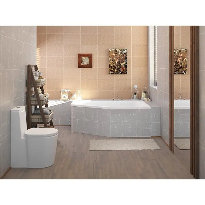 Bad Land Eckbadewanne - L x B: 160 x 90 cm, Sanitäracryl, Weiß - Weißes WC mit modernem Design in einem gefliesten Badezimmer, neben einem Holzregal platziert.