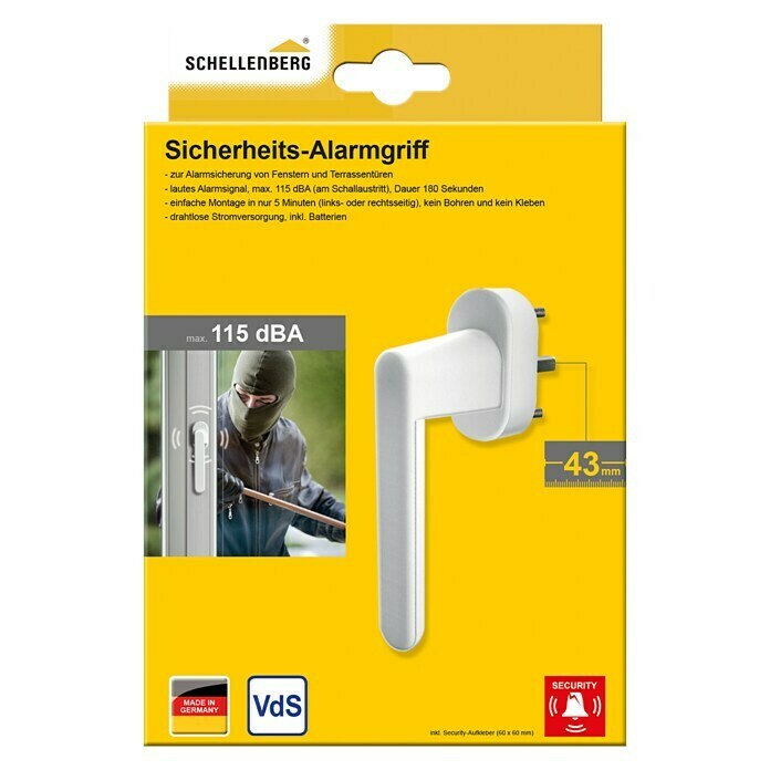 Schellenberg Alarm-Fenstergriff (Vierkantstift: 43 mm, Weiß, DIN Anschlag: Links/Rechts)