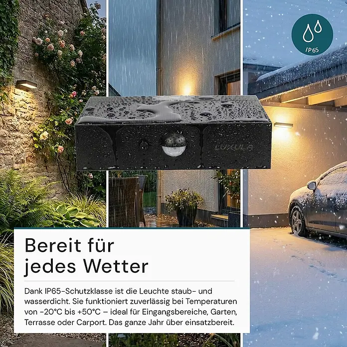Luxula Solar-Außenwandleuchte - L x B x H: 13,7 x 3,5 x 9 cm, Schwarz, IP65, 350 lm - Schwarze, rechteckige Außenwandleuchte, wetterfest mit IP65-Zertifizierung und Bewegungssensor, zuverlässig bei jedem Wetter im Einsatz.