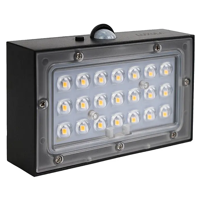 Luxula Solar-Außenwandleuchte - L x B x H: 13,7 x 3,5 x 9 cm, Schwarz, IP65, 350 lm - Schwarzer LED-Strahler mit 24 einzelnen LEDs und oben angebrachtem Bewegungssensor.