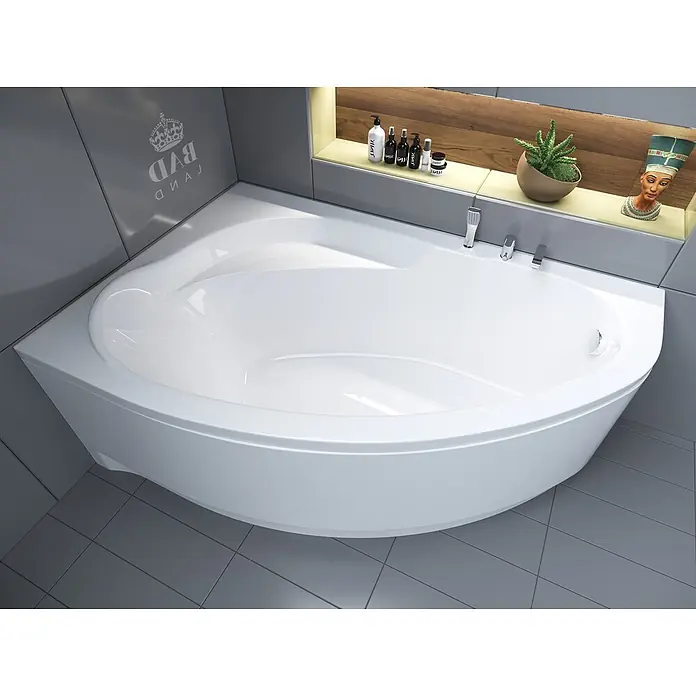 Bad Land Eckbadewanne MAREA Acryl-Eckwanne 160 x 100 cm links Weiß, inkl. Acrylschürze - Sanitäracryl, Weiß - Weiße, glänzende Eckbadewanne mit schlankem, ergonomischem Design, inklusive integrierter Armatur, Handbrause und Abfluss.