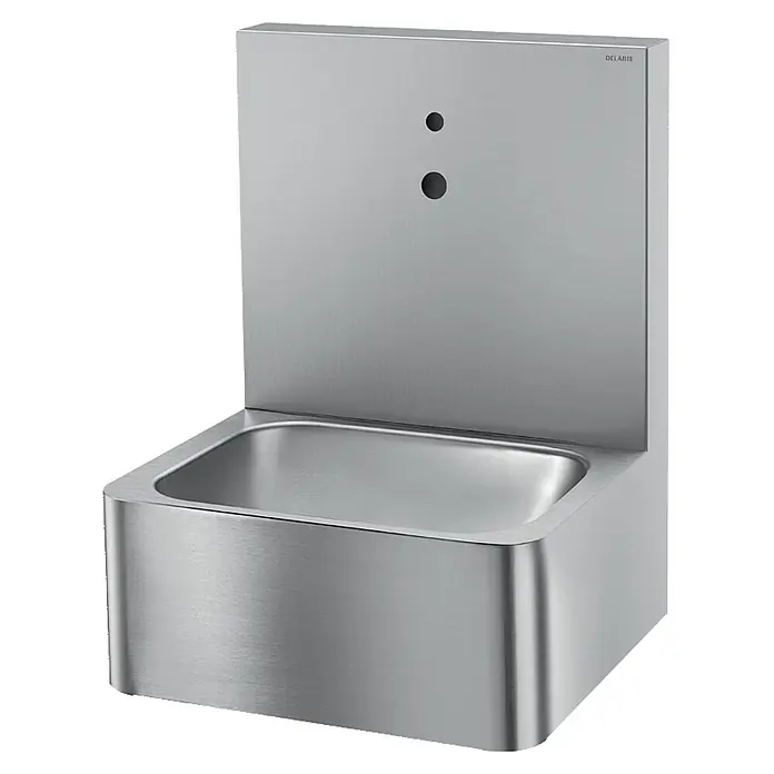 Delabie Waschbecken Delabie - B x L: 39 x 71,5 cm, Ohne Überlauf, Edelstahl - Wandhängendes Edelstahl-Waschbecken mit integriertem automatischem Sensorhahn.