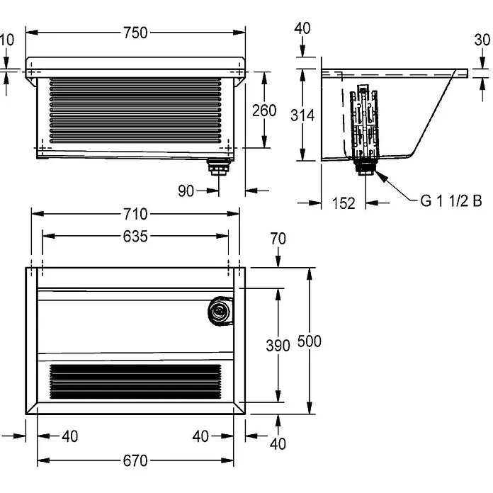 KWC Waschbecken KWC AR Waschtrog, SIRIUS, Chromstahl, 750x354x500 mm, Ablauf rechts - B x L: 36 x 82 cm, Ohne Überlauf, Edelstahl - Technische Zeichnung eines rechteckigen Waschbeckens mit Vorder-, Seiten- und Draufsicht, Maßen und G 1 1/2 B Ablaufanschluss.