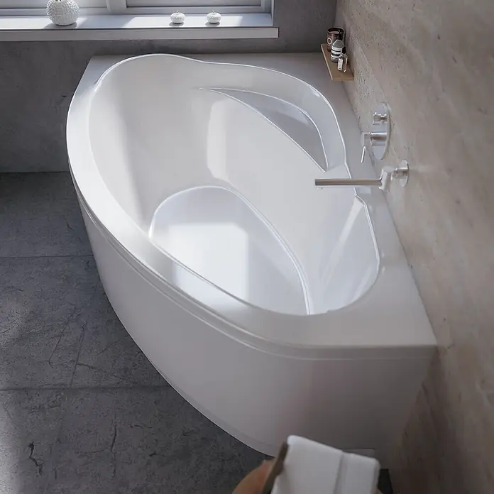 Bad Land Eckbadewanne MAREA Acryl-Eckwanne 160 x 100 cm links Weiß, inkl. Acrylschürze - Sanitäracryl, Weiß - Weiße, ergonomische Eckbadewanne mit integrierter Armatur in einem modernen Badezimmer.
