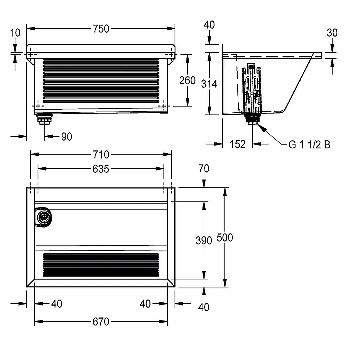 KWC Waschbecken KWC AR Waschtrog, SIRIUS, Edelstahl, 750x354x500 mm, Ablauf links - B x L: 36 x 82 cm, Ohne Überlauf, Edelstahl - Technische Zeichnung eines rechteckigen Spülbeckens mit detaillierten Maßen, Vorder-, Seiten- und Draufsichten sowie Sanitäranschlüssen.