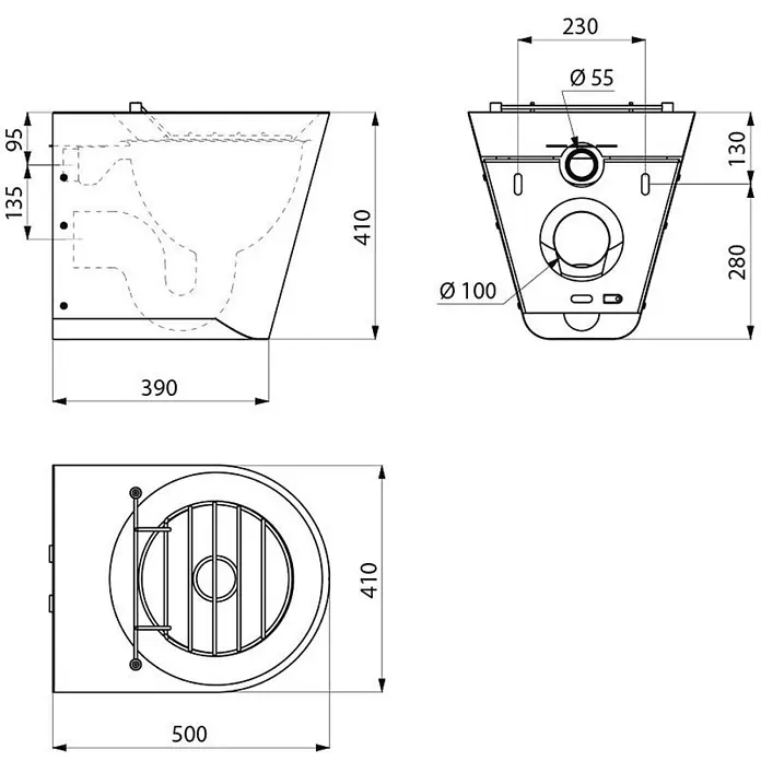 Delabie Waschbecken Delabie - Edelstahl - Technische Zeichnung einer wandhängenden WC-Schüssel mit Vorder-, Seiten- und Draufsicht und Maßen.
