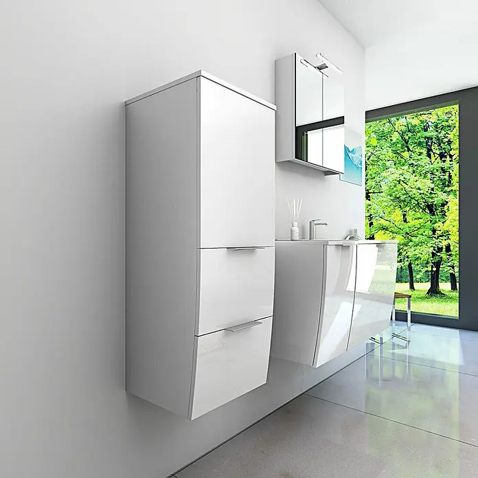 AcquaVapore Badmöbel-Set Fertigdusche Gently-1-B090-V2-L-F01 -  - Weißer, wandmontierter Hochglanz-Badezimmerschrank mit Waschbecken und passendem Hochschrank.