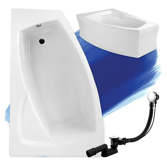 Bad Land Eckbadewanne - L x B: 160 x 105 cm, Sanitäracryl, Weiß - Weiße asymmetrische Badewanne, von oben und vorne gezeigt, mit schwarzem und Chrom-Ablauf- und Überlaufset.