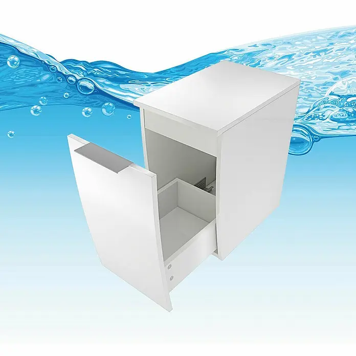 AcquaVapore Badmöbel-Set Fertigdusche Gently-1-B090-V2-L-F01 -  - Weißer Schrank mit offener Schublade und silbernem Griff.