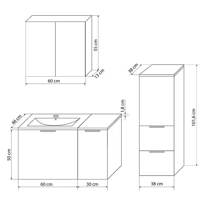 AcquaVapore Badmöbel-Set Fertigdusche Gently-1-B090-V2-L-F01 -  - Weißes Badmöbelset mit Waschtisch, Waschbecken, Wandschrank und Hochschrank, Maße angegeben.