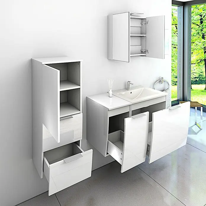 AcquaVapore Badmöbel-Set Fertigdusche Gently-1-B090-V2-L-F01 -  - Weißglänzendes Badmöbel-Set mit Waschbeckenunterschrank, Hochschrank und Spiegelschrank, alle offen.
