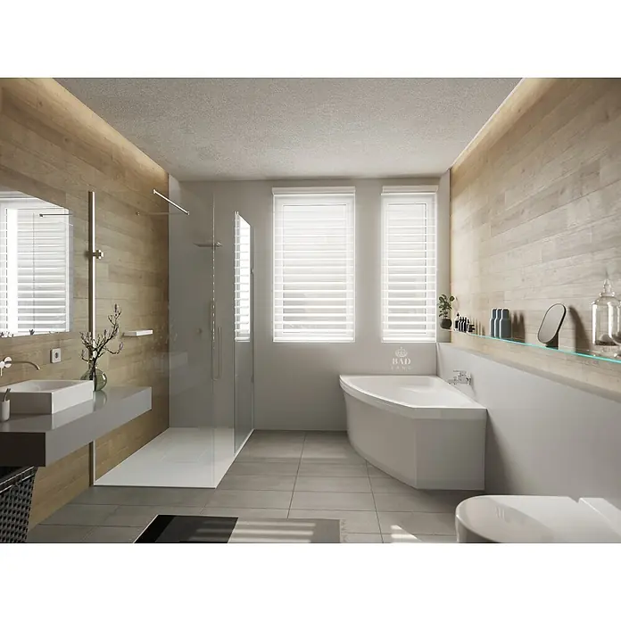 Bad Land Eckbadewanne FRIDA Acryl-Eckwanne 160 x 105 cm links Weiß - Sanitäracryl, Weiß - Ein geräumiges, modernes Badezimmer mit einer weißen begehbaren Dusche, einer eleganten Eckbadewanne und einem schwebenden Waschtisch mit Waschbecken.