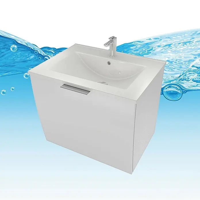 AcquaVapore Badmöbel-Set Fertigdusche Gently-1-B060-V2-L-F01-LED-EBox -  - Weißer wandhängender Badunterschrank mit integriertem Waschbecken, Chromarmatur und silbernem Griff.
