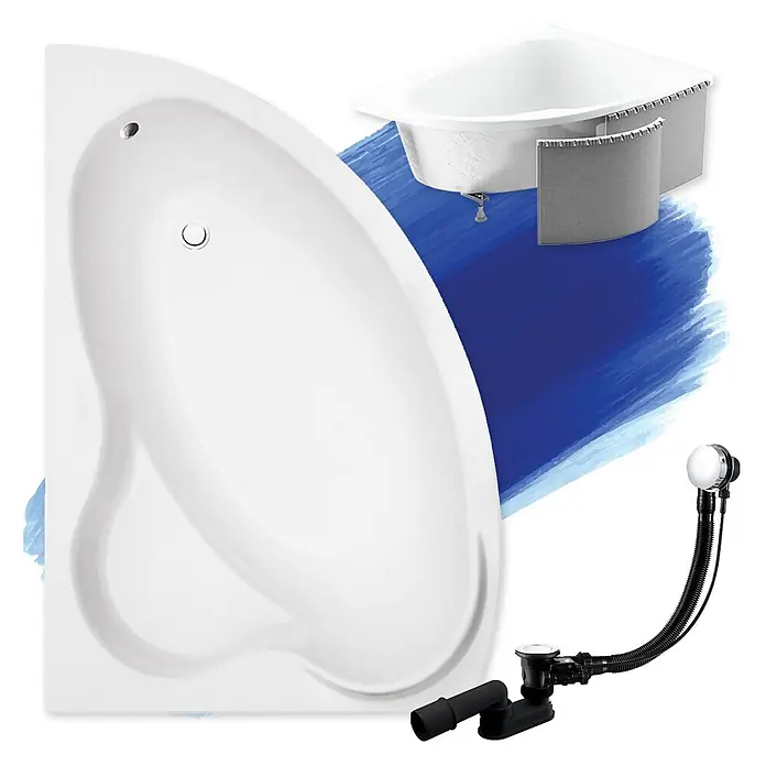 Bad Land Eckbadewanne - L x B: 160 x 100 cm, Sanitäracryl, Weiß - Weiße Eckbadewanne mit schwarzer Ab- und Überlaufgarnitur.