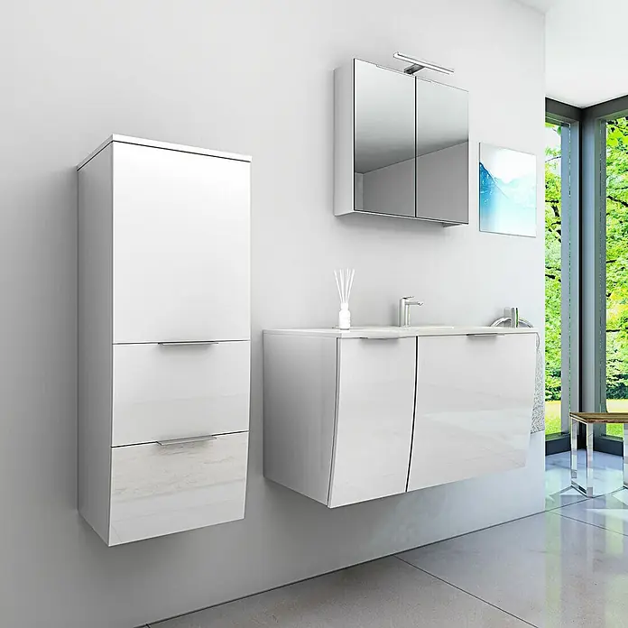AcquaVapore Badmöbel-Set Fertigdusche Gently-1-B090-V2-L-F01 -  - Hochglanz-weiße Badmöbelgarnitur mit Hochschrank, Waschtischunterschrank und Spiegelschrank in modernem Bad.