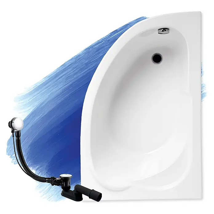 Bad Land Eckbadewanne STANDARD Acryl-Eckwanne 130 x 85 cm rechts Weiß - Sanitäracryl, Weiß - Weiße Eckbadewanne mit Chrom-Überlauf und -Ablauf, dazu ein schwarzes flexibles Ab- und Überlaufset.